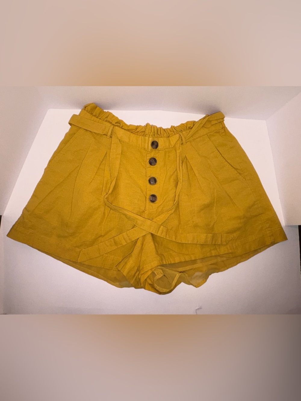 High-Waist Mustard Paperbag Shorts with Button Front